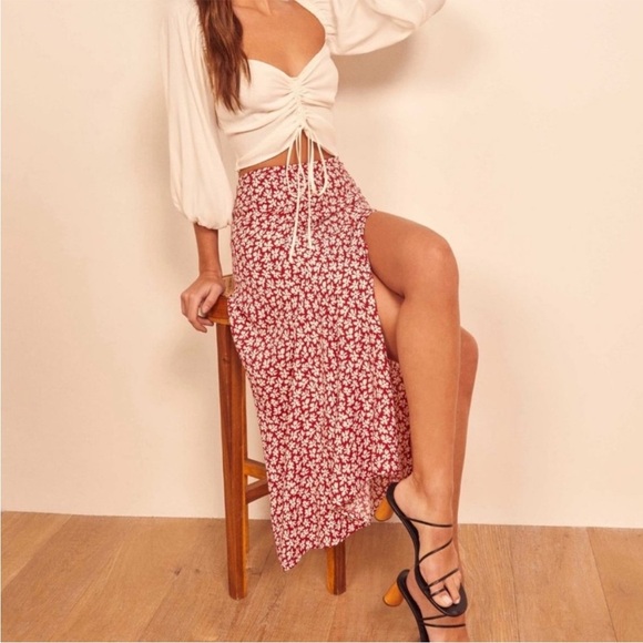 Reformation Zoe Grenadine Red And White Floral Print Midi Skirt NWT Size 12 - Picture 4 of 15